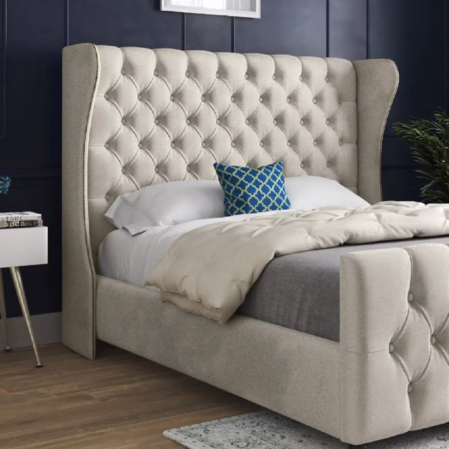 Casani Donati Upholstered Velvet Bed Frame in Cream, Super King, W/D/H: 200 x 137 x 189 cm – 2