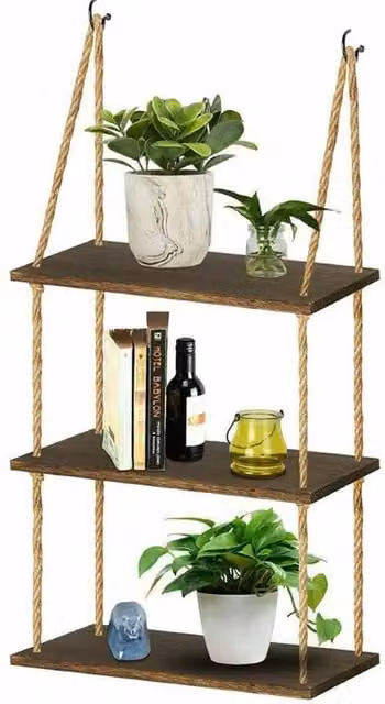 FLAVORA Rustic Brown Wood Rope Hanging Floating Wall Shelves – 1