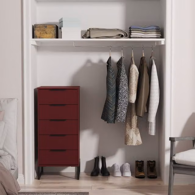 2 U Fuji 5 Drawer Tall Bedside Chest in Dark Red, Ready Assembled
