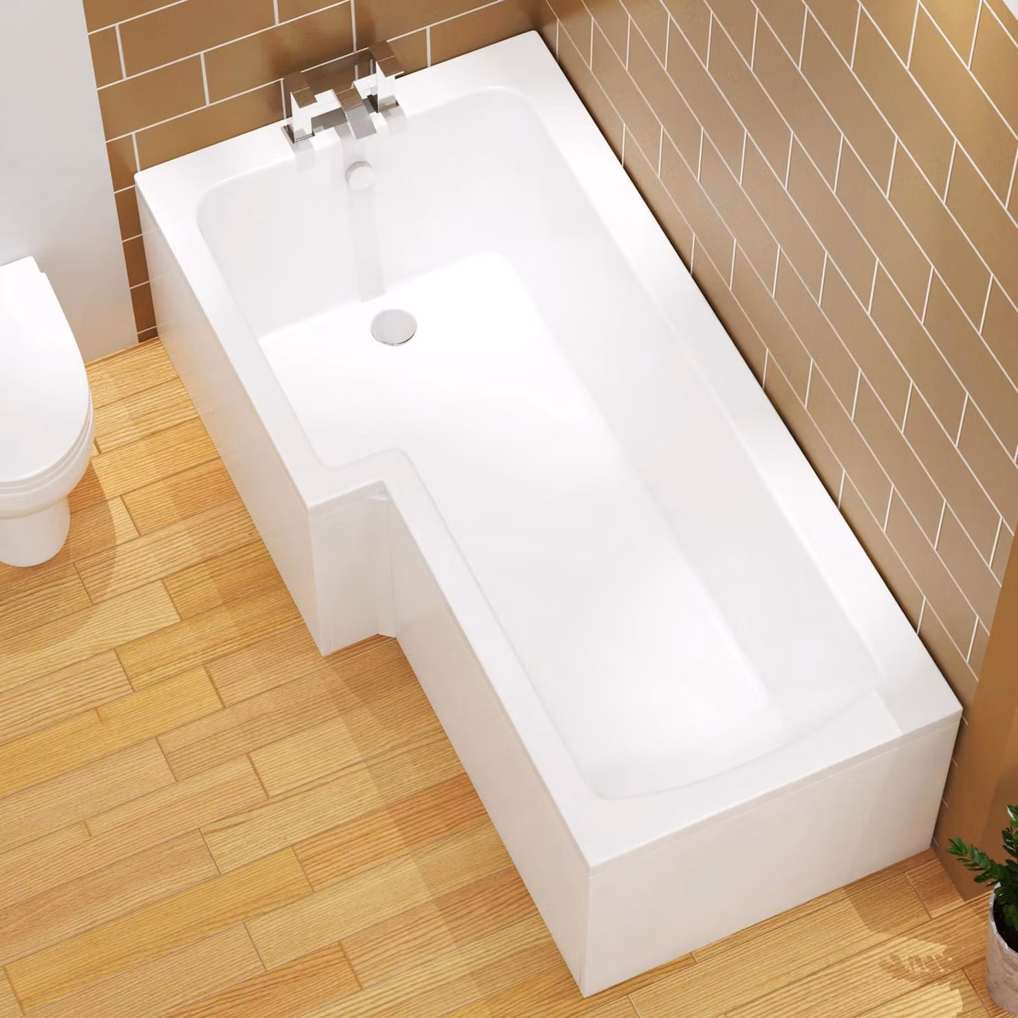 Qubix L-Shaped Square Corner Shower Bath with MDF Front and End Panels, White, W: 150 cm, D: 85 cm