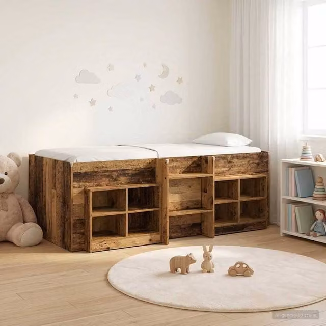 Berkfield Home Loft Bed Frame with Cabinet in Old Wood Brown, 3-Piece Engineered Wood Set
