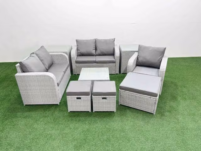 Fimous Grey Poly Rattan Garden Furniture Set with Reclining Chair, Loveseat Sofa, Square Coffee Table, 3 Stools and 2 Side Tables