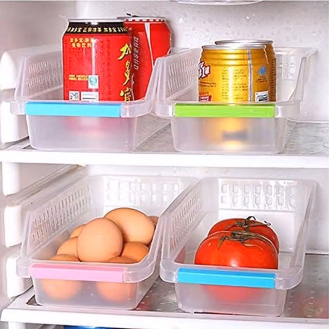 Coco&Gray Set of 4 Slim Fridge Storage Box Organiser Trays, Clear Plastic Food Shelf Baskets, W/D/H: 13.5 x 8.5 x 4.0 cm