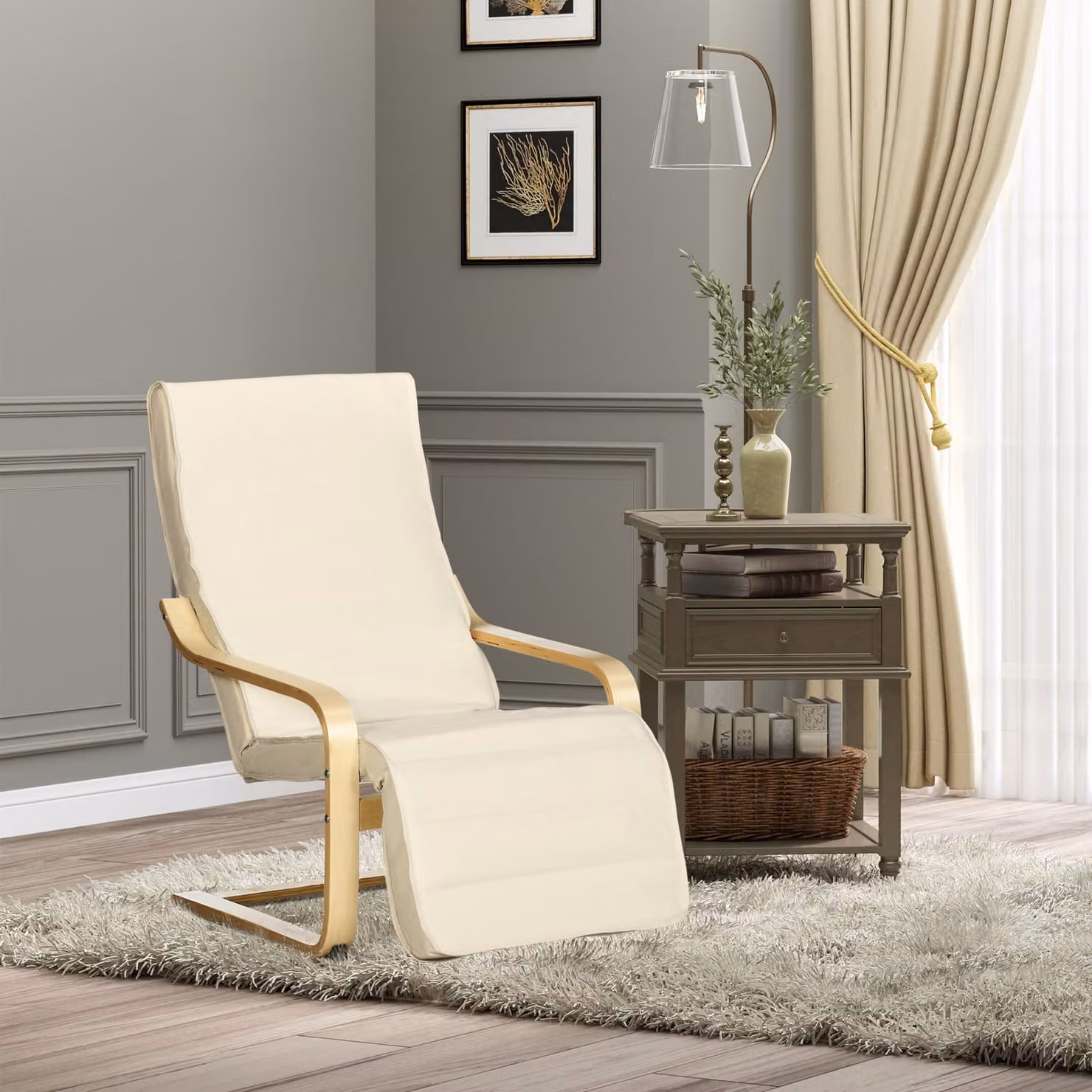 HOMCOM Modern Wooden Lounge Chair with Adjustable Footrest and Armrests in Beige – 2