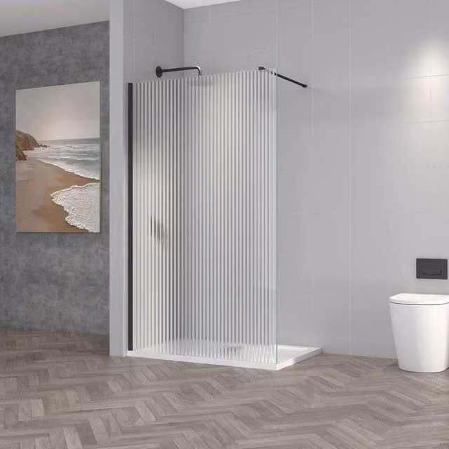 Bathroom Kingdom Milo Matt Black Fluted 8mm Wet Room Shower Glass Panel, W: 120 cm, H: 195 cm