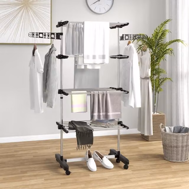 HOMCOM 4-Tier Large Stainless Steel Clothes Drying Rack with Wing Arms and Wheels, Black