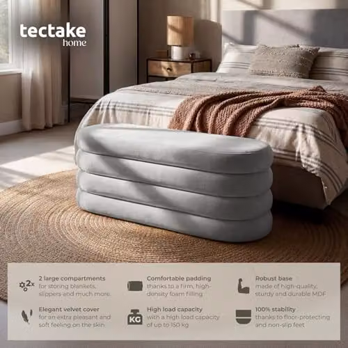 tectake Altu Storage Bench with Velvet or Bouclé Cover in Grey, W/D/H: 110 x 45 x 42 cm – 3