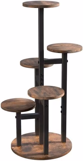 KORVIXA 6 Tier Industrial Metal and Wood Plant Stand in Brown