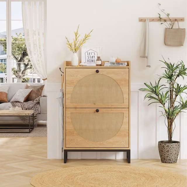 HMD Furniture 2 Door Scandinavian Shoe Storage Cabinet with Rattan Design in Beige