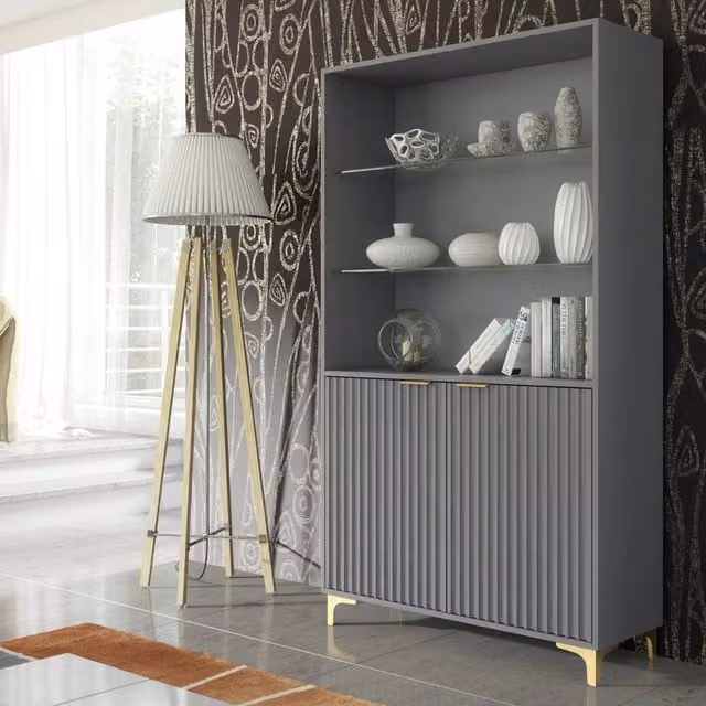 Mex Furniture LTD Tide Crest Display Cabinet in Dark Grey with Fluted Glass Doors, Height: 175 cm – 1