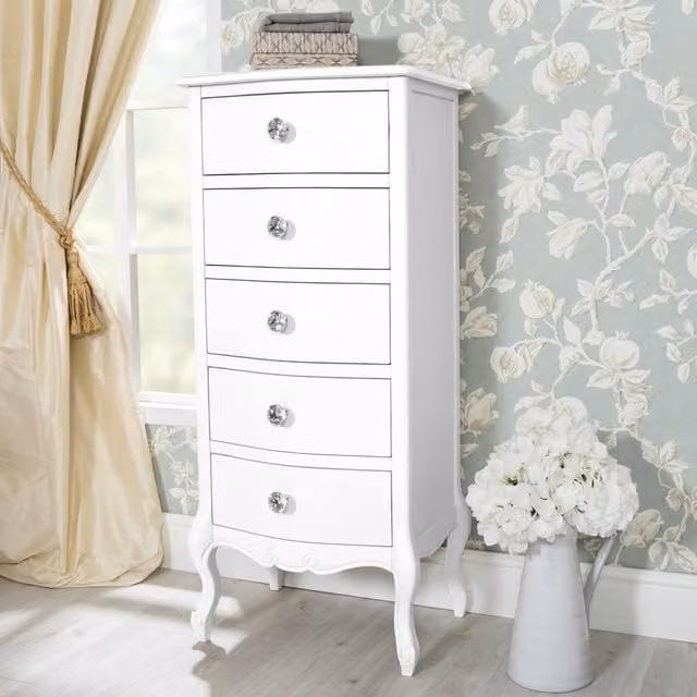 Statement Furniture Juliette Vintage Chic 5 Drawer Tallboy in White, H 120 cm x W 40 cm x D 53 cm – 1