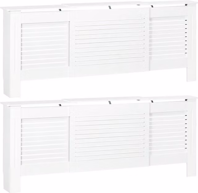 HOMCOM Set of 2 White MDF Extendable Radiator Covers with Cabinet Shelving and Slatted Design, W/D/H: 139-208.5 x 20.5 x 82.5 cm