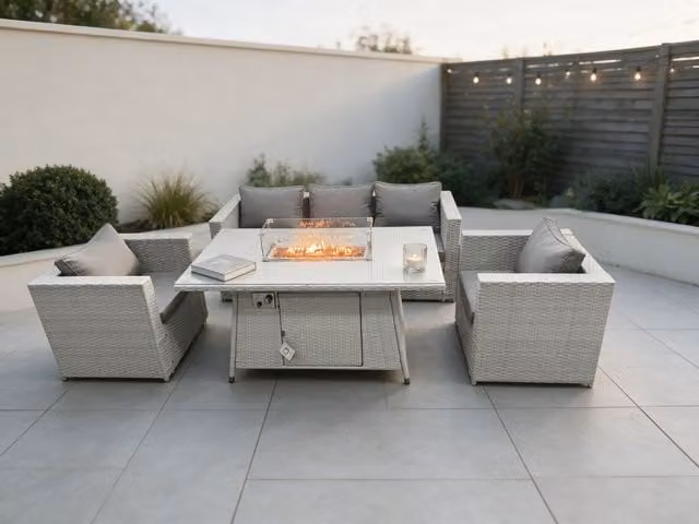 Fimous Rattan Gas Fire Pit Garden Furniture Set with Dining Table, Chairs and Lounge Sofa in Light Grey – 1
