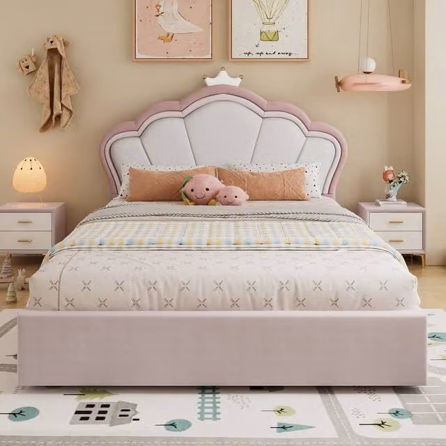 Merax Pink Velvet Double Ottoman Storage Bed with Crown Headboard, W/D/H: 140 x 200 x 153 cm – 1