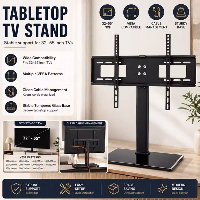Atek Modern Matt Black Metal Table TV Mount Stand