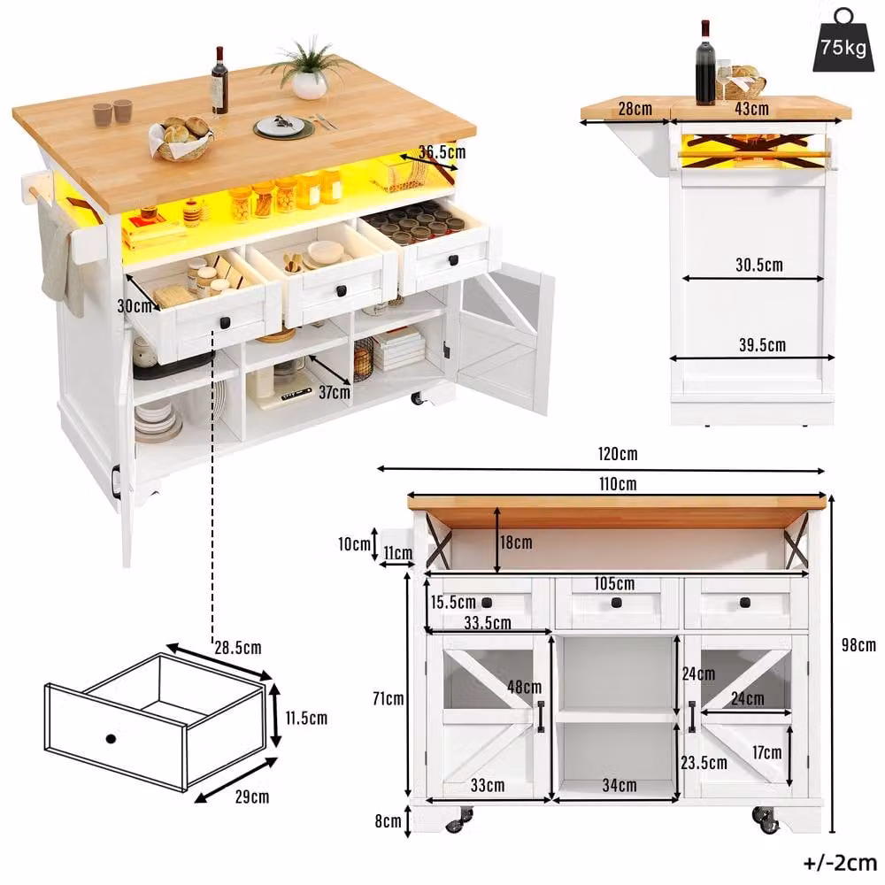 BTM Multifunctional Mobile Kitchen Island Cart with LED and Storage in White, W/D/H: 98 x 71 x 71 cm – 3