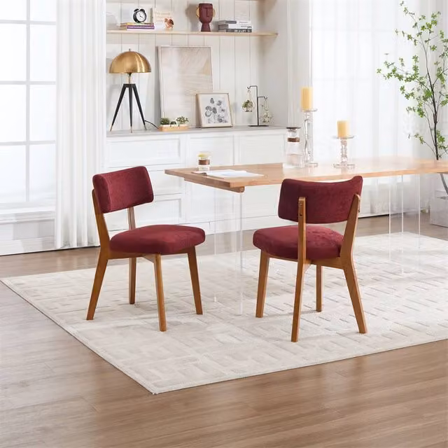 Direct Wicker Set of 2 Mid-Century Linen Dining Chairs with Solid Wood Frame in Wine Red