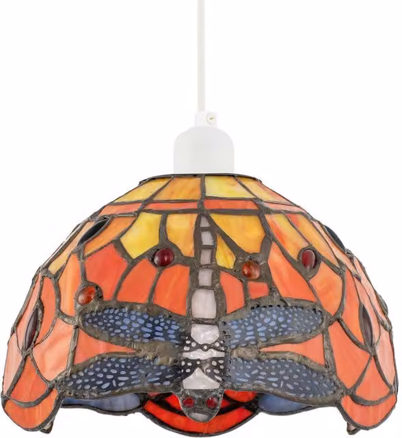 Happy Homewares Art Nouveau Dragonfly Stained Glass Tiffany Pendant Shade in Orange, Red and Pink