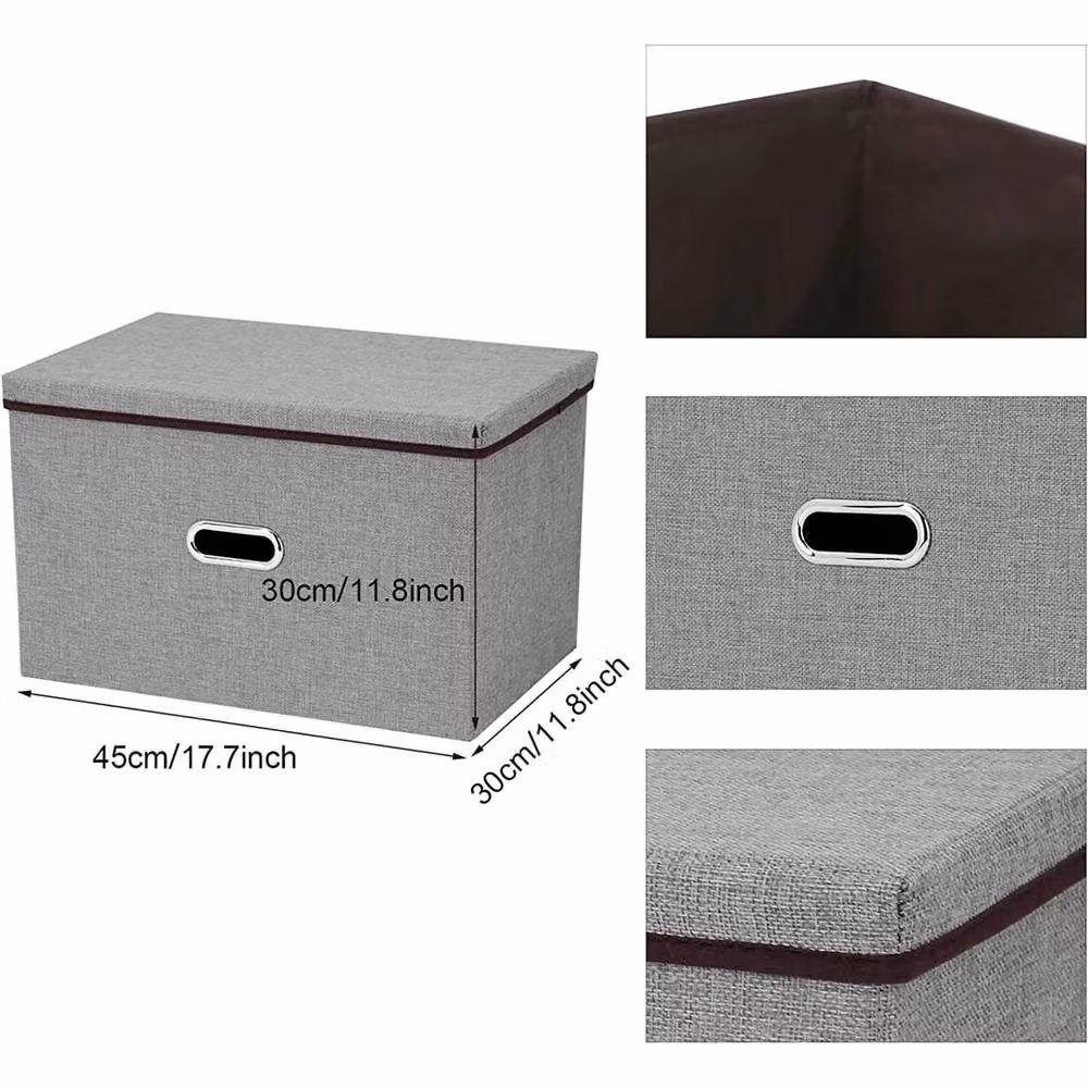 SPETLEK 3x Foldable Fabric Storage Boxes with Lid and Handles in Grey, W: 45 cm, D: 30 cm, H: 30 cm – 2