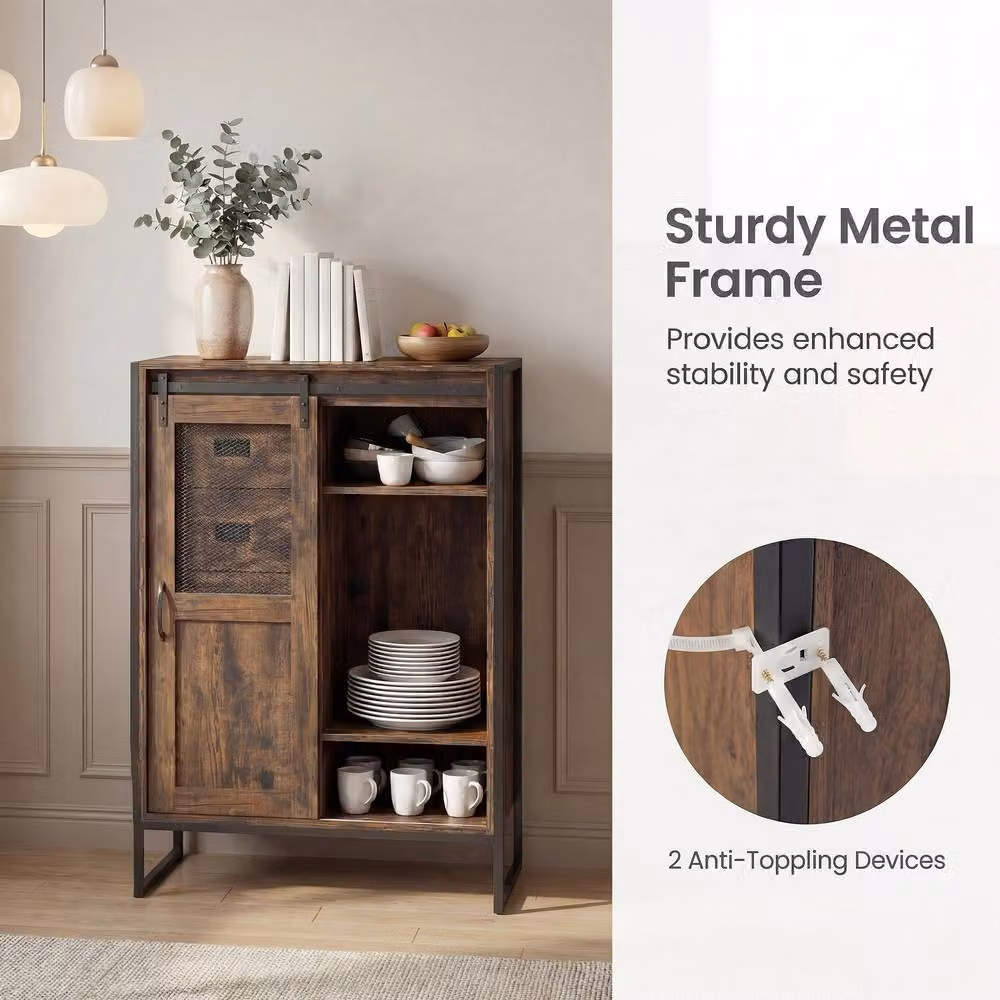 Costway Rustic Brown Floor Buffet Cabinet Organizer with Sliding Doors and Adjustable Internal Shelves – 8