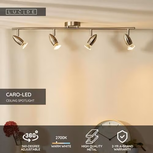 Lucide Caro-LED Adjustable Ceiling Spotlight in Satin Chrome with 4x5W Warm White GU10 LED Bulbs – 2