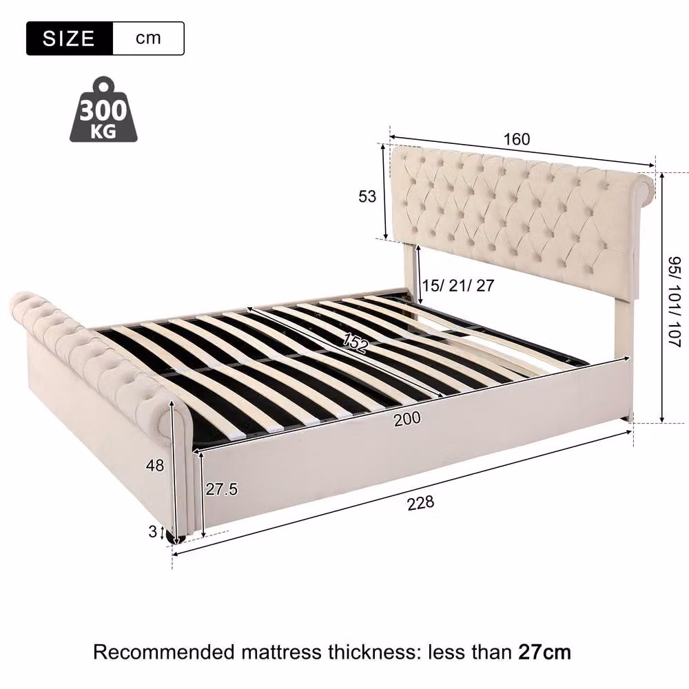 BTM Velvet Button Tufted Sleigh Bed with Storage and Lift Up Base in Beige, W/D/H: 180 x 200 cm – 5