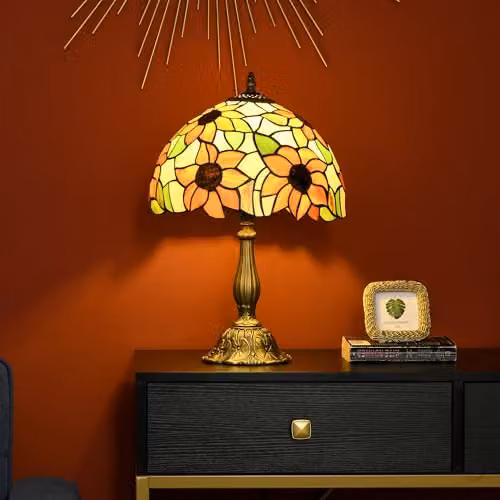 HOMCOM Antique Orange Sunflower Stained Glass Table Lamp for Bedroom and Living Room – 2