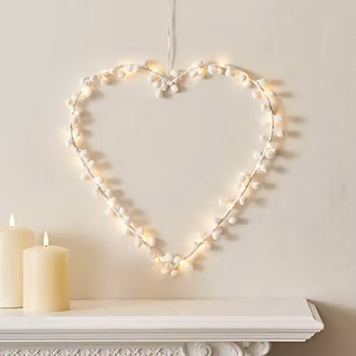 Lights4fun White Pom Pom Heart Hanging Wreath Decoration with 20 Warm White LEDs and Timer – 3