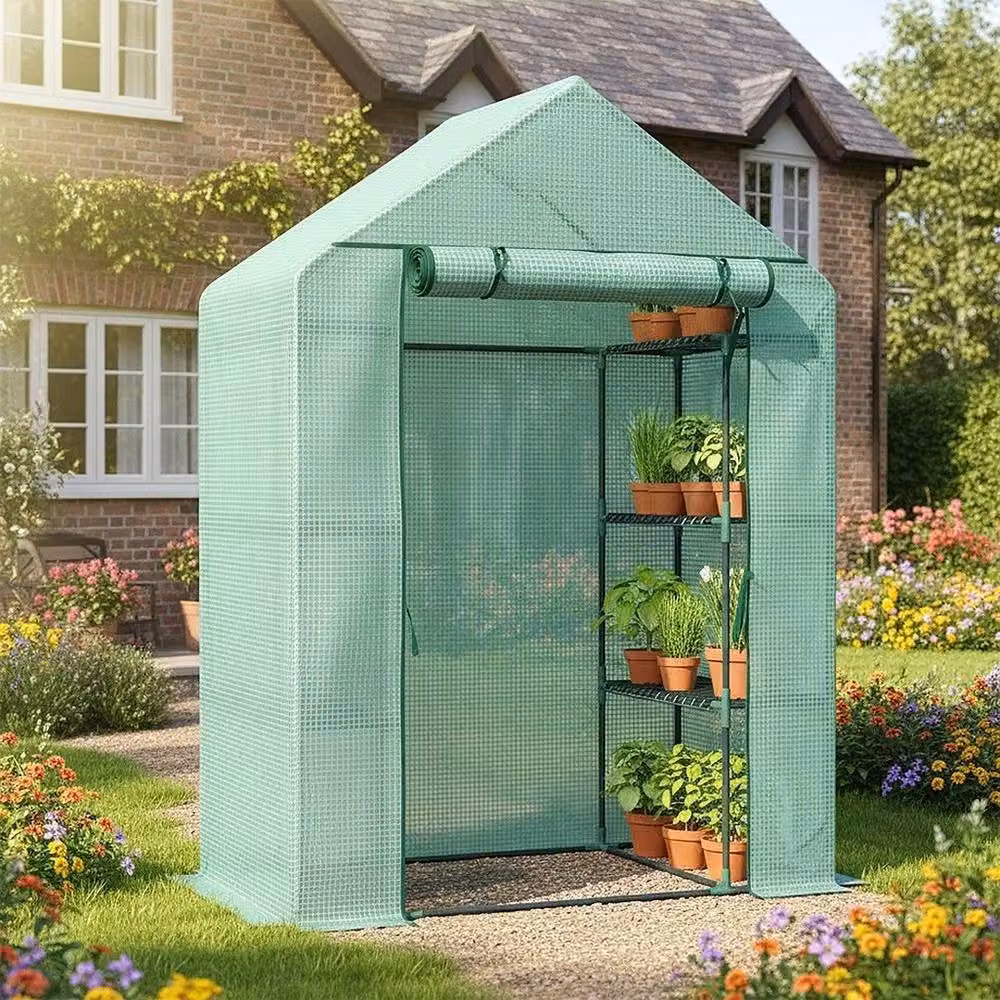 NESTLUNE Walk In Greenhouse Garden with Green PE Frame and Shelving, W/D/H: 100 x 100 x 195 cm – 3