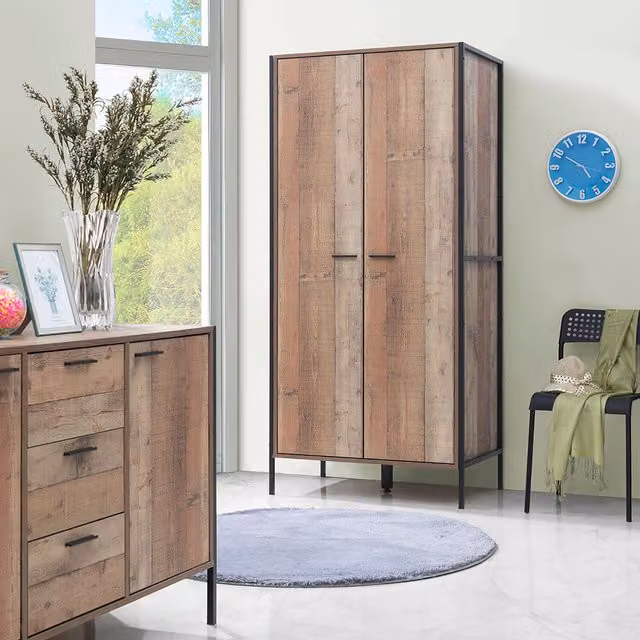 Timber Art Design Stretton Urban 2 Door Double Wardrobe in Brown Oak and Black Metal Industrial Style