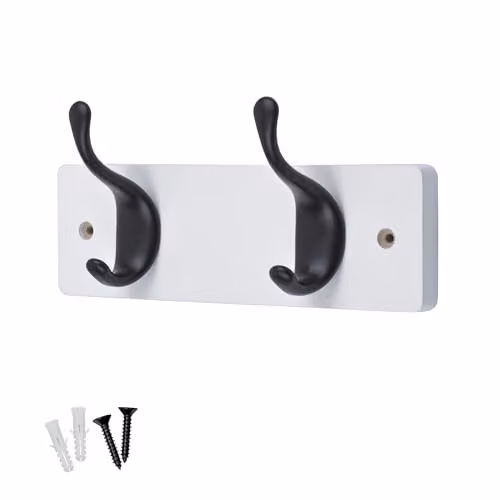 Keypak 2 Matte Black Coat Hooks on White Wooden Board, Width: 22.5 cm