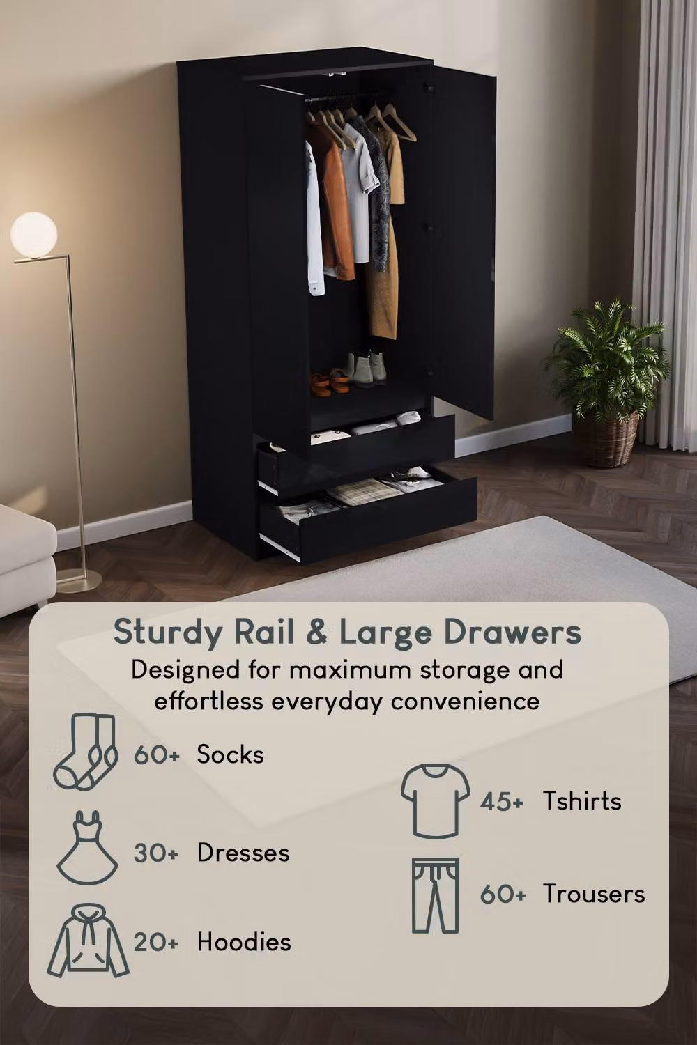 HD Designs Glinton Modern High Gloss 2 Door 2 Drawer Wardrobe in Black – 5
