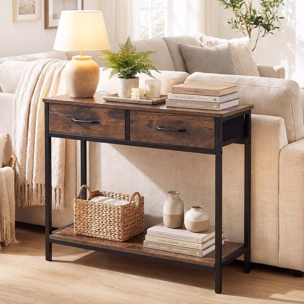 VOGREX Industrial Narrow Entry Console Table in Brown with Two Fabric Drawers, W: 75 cm, H: 70 cm – 3