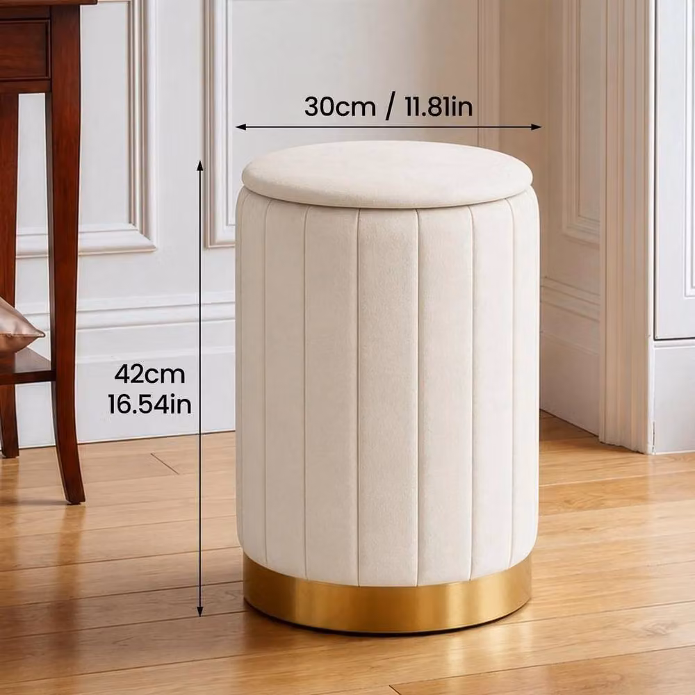 SPETLEK Round Tufted Velvet Stool in White with Gold Base – 2