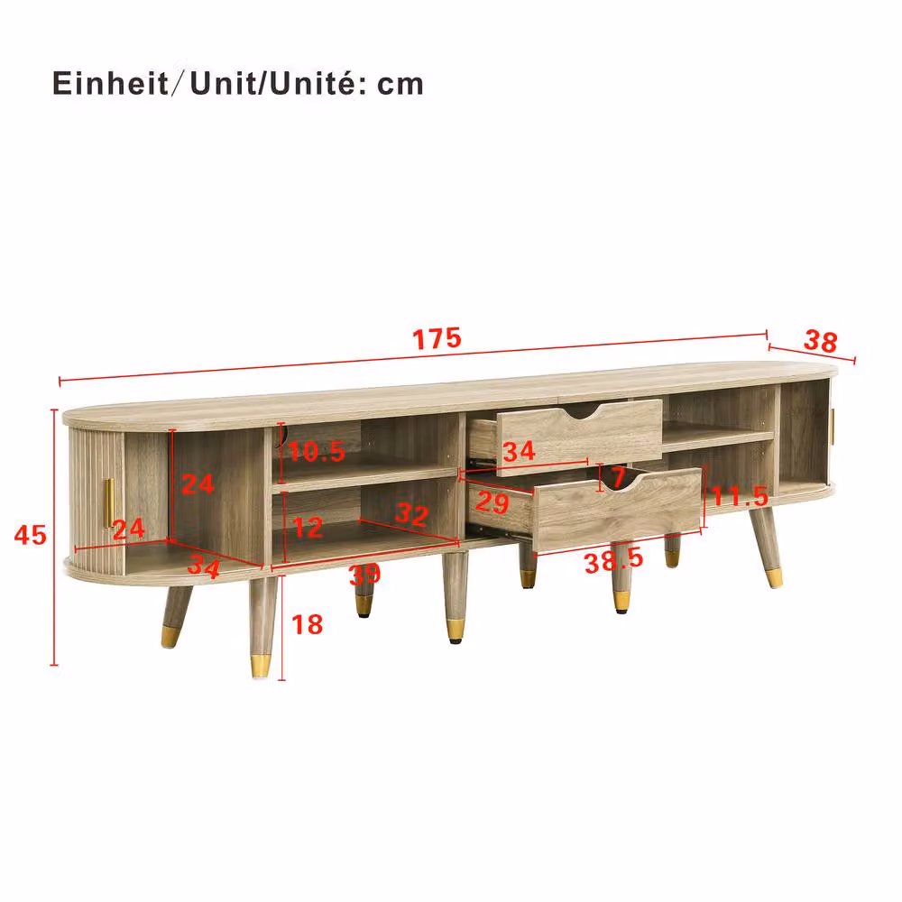 Merax Mid-Century Oval TV Stand with Slatted Sliding Doors in Brown, W: 175 cm, D: 45 cm, H: 45 cm – 2