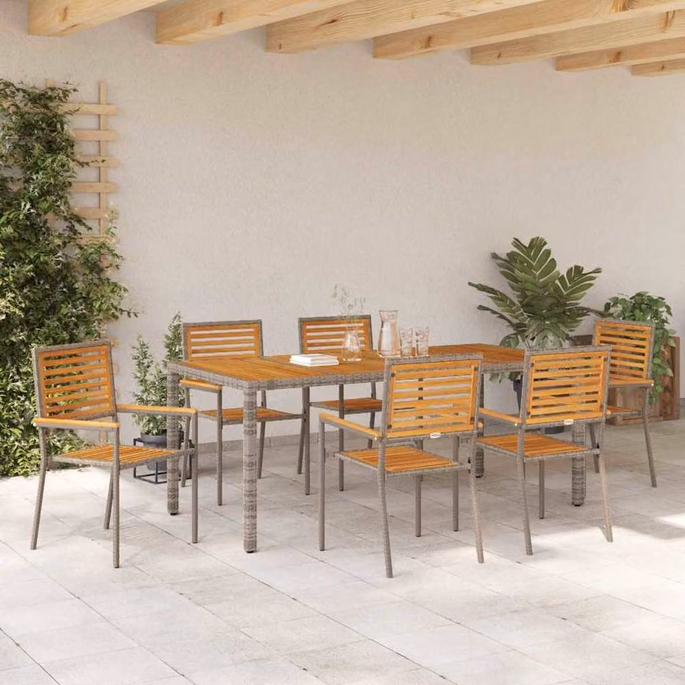 Berkfield Home 7 Piece Grey Poly Rattan and Acacia Wood Garden Dining Set – 3