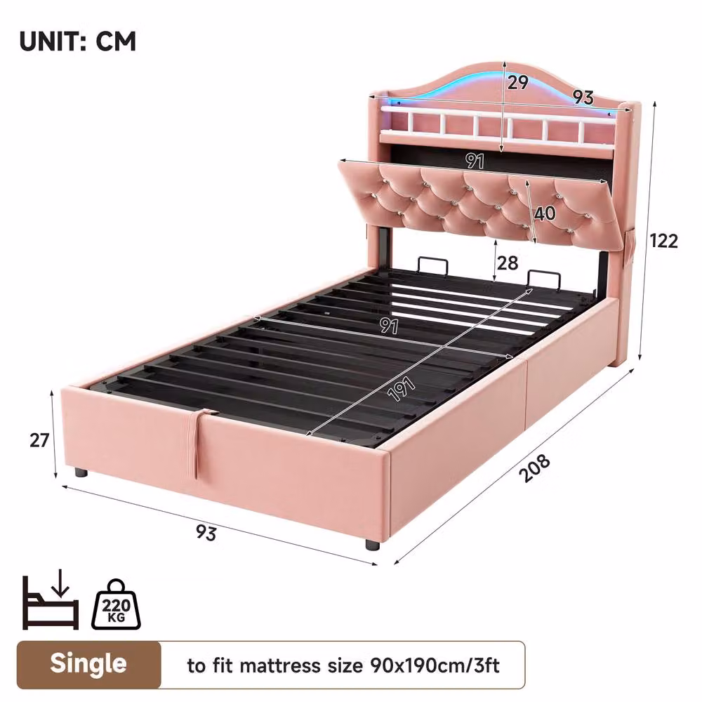 STILVORA Pink Velvet Upholstered Single Bed Frame with Lift Up Storage Base, W/D/H: 90 x 190 cm – 2
