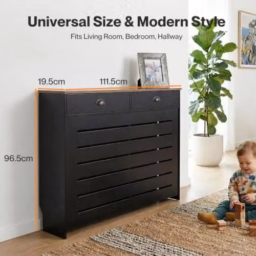 Levede Wooden Radiator Cover with 2 Drawers, Black and Brown MDF Storage Cabinet, W: 111.5 cm, H: 96.5 cm, D: 19.5 cm – 2