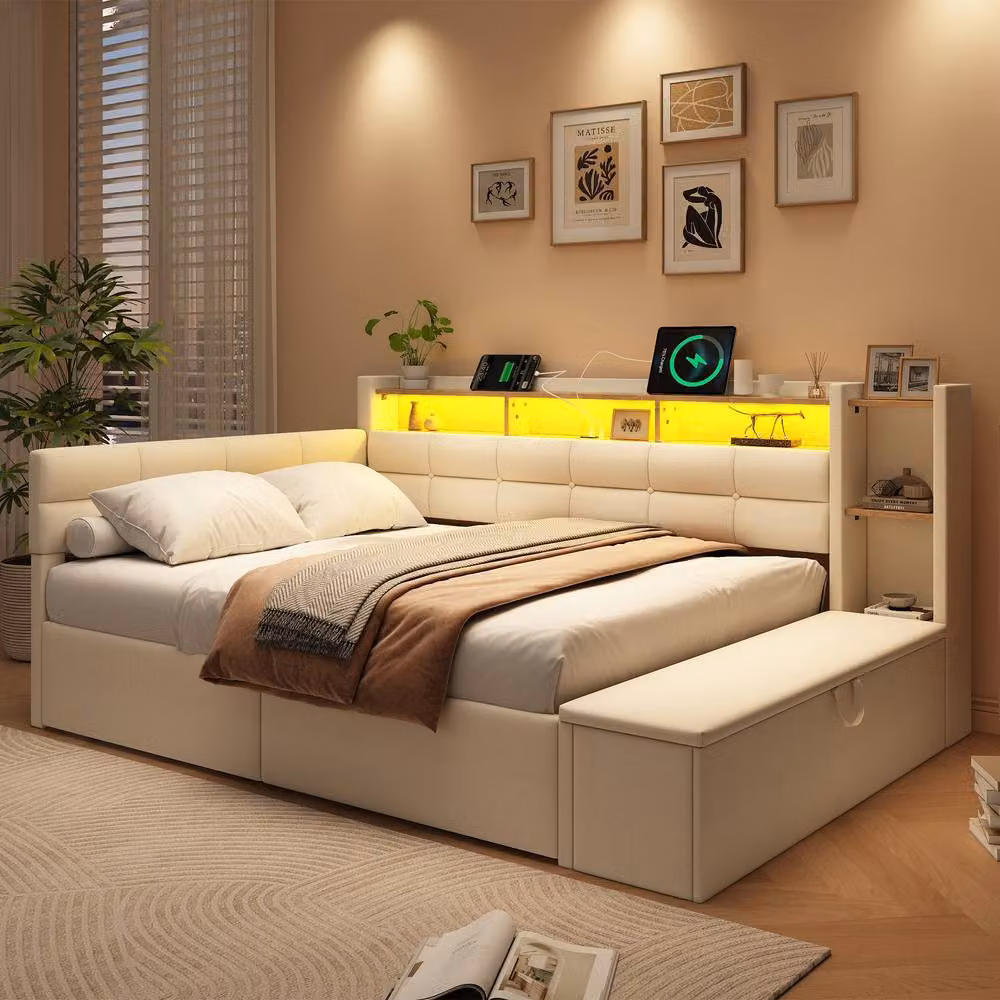ModernLuxe Upholstered Double Bed in Beige with Storage Drawers, LED Lighting and USB Charging Port, W/D/H: 140 x 190 x 111 cm – 2