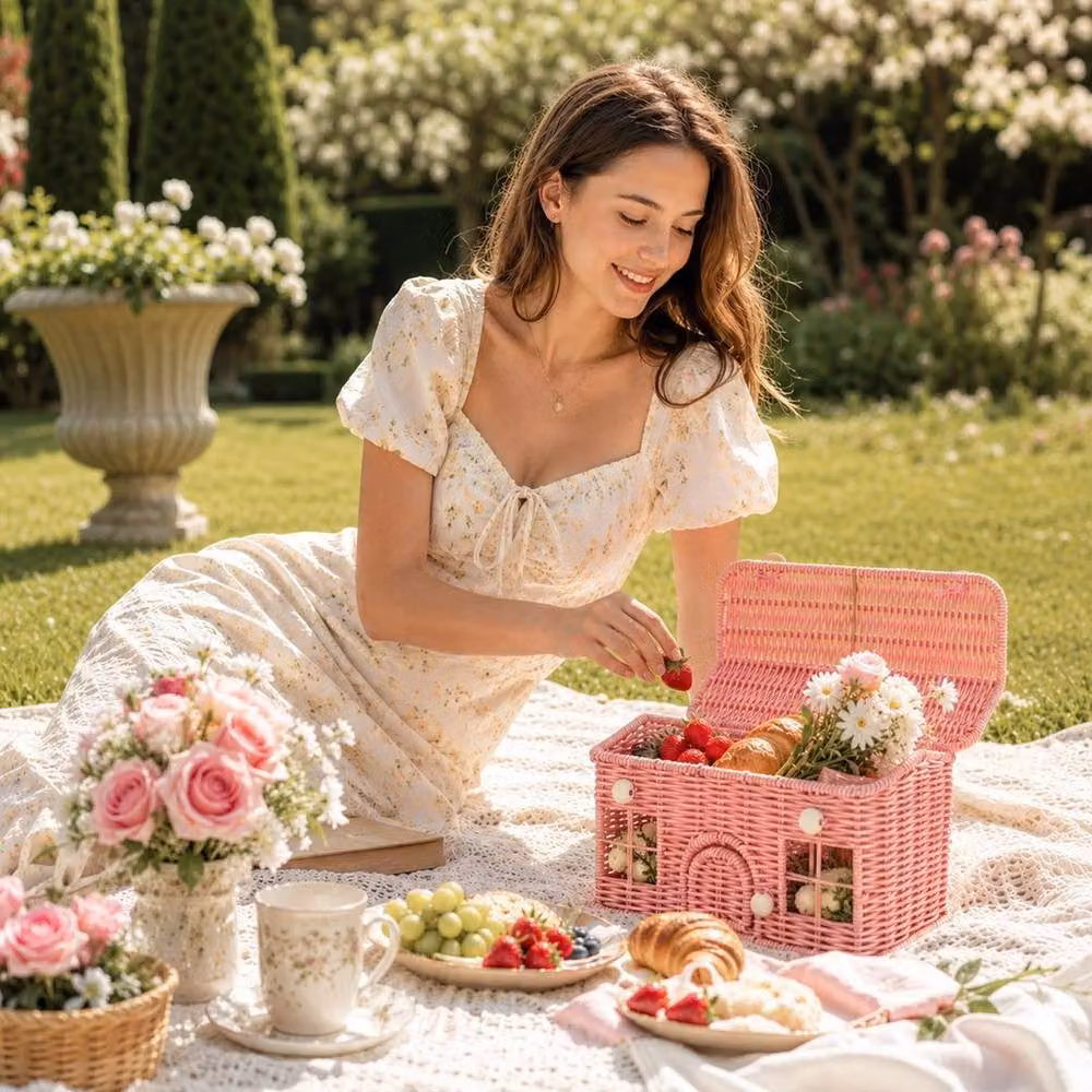 FLAVORA Pink House-Shaped Rattan Wicker Basket with Handles, W: 100 cm, D: 17 cm, H: 14 cm – 2