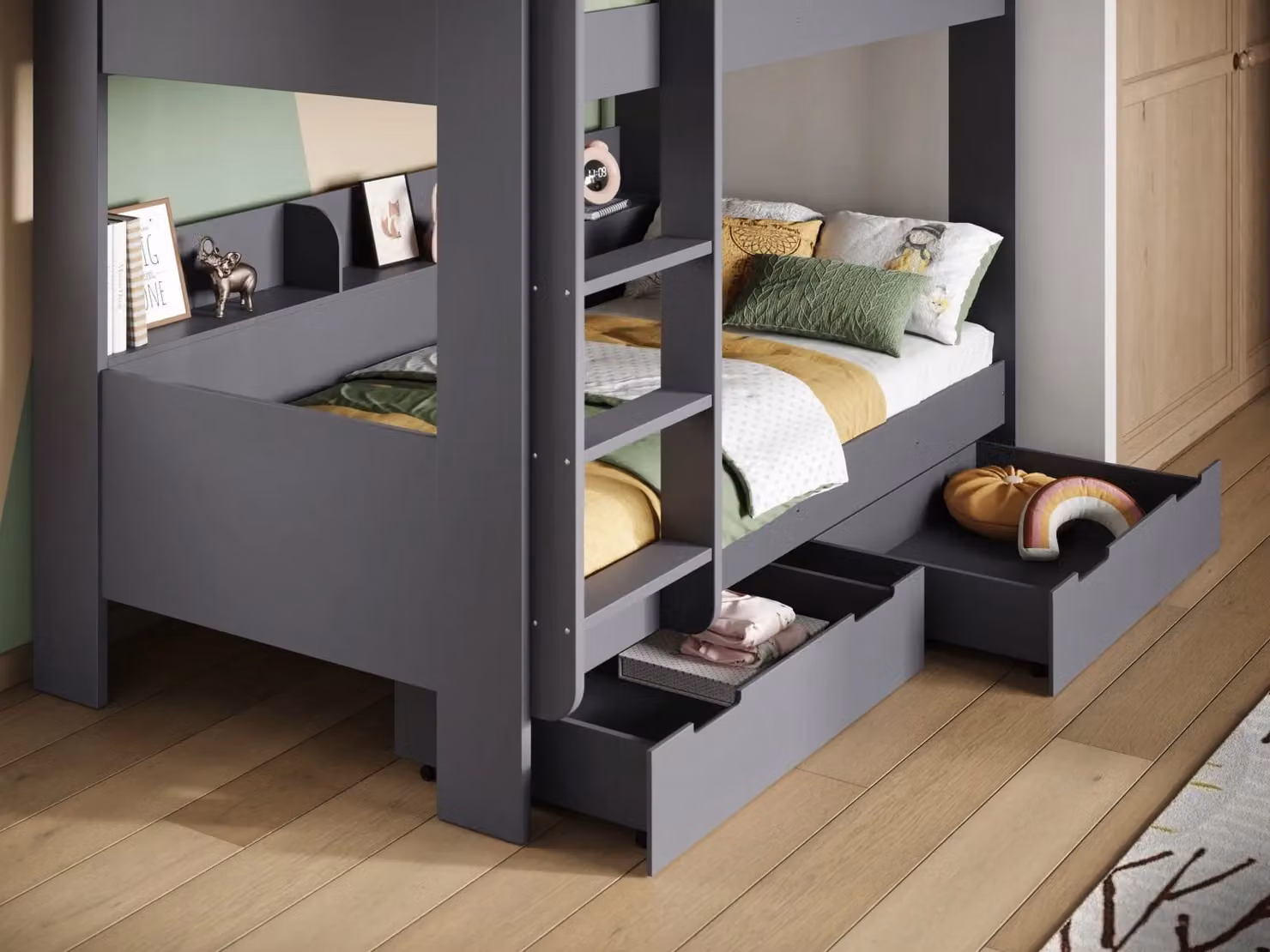 Flair Eddie Solid Wood Storage Bunk Bed in Grey, Single Size, W/D/H: 90 x 190 x 170 cm – 2