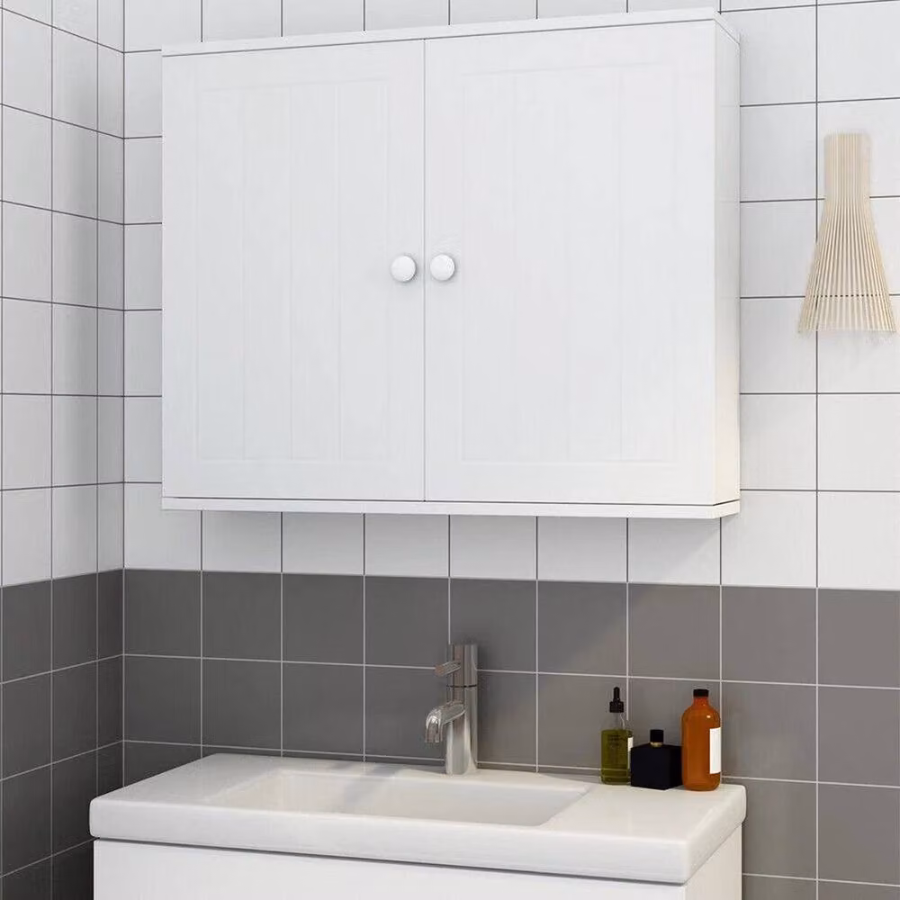 PAWNORA White Matt Wall Mounted Bathroom Storage Cabinet with Hinged Doors and Internal Shelves – 3