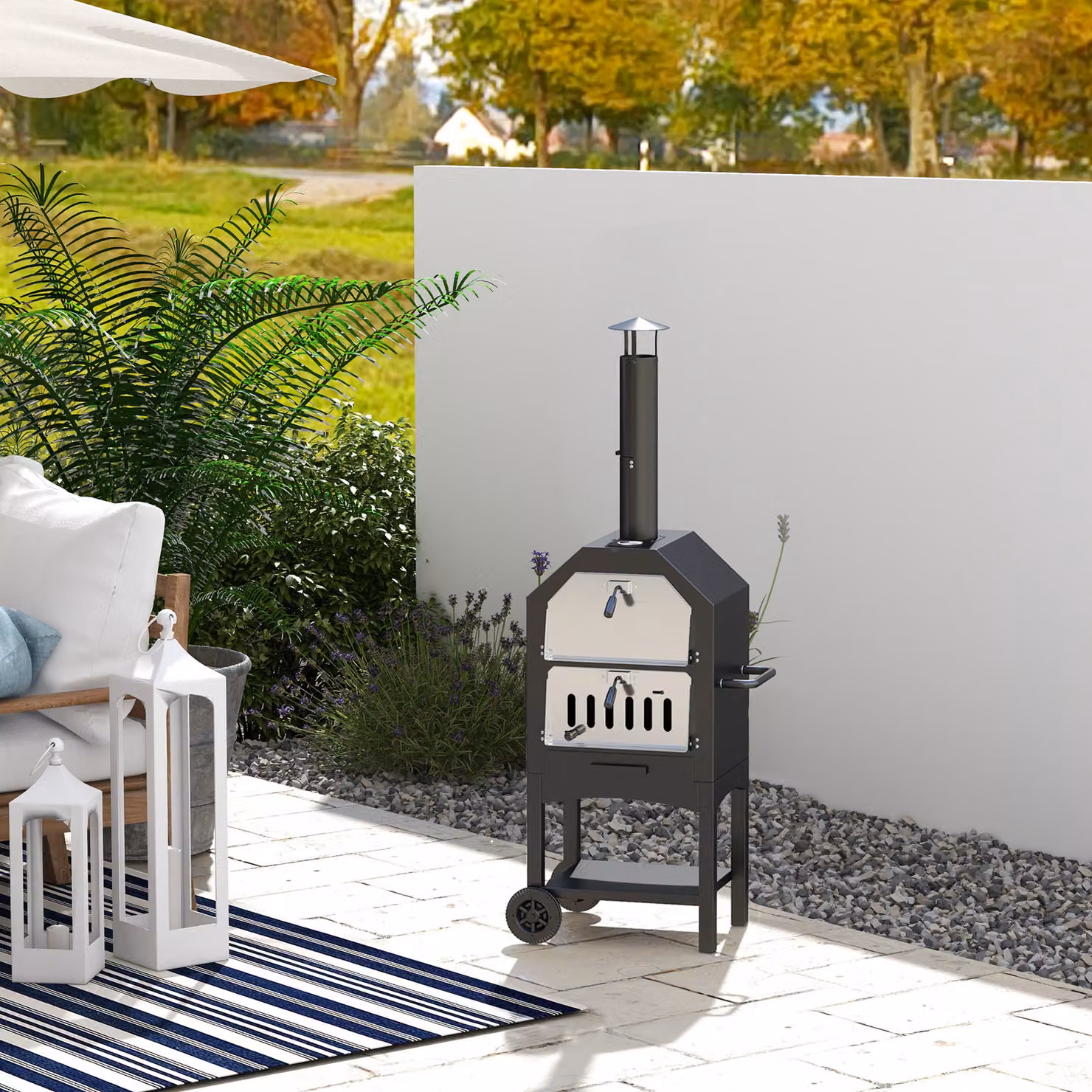 Outsunny Charcoal Pizza Oven and 3-Tier Freestanding BBQ Grill in Black and Silver with Chimney, Thermometer and Wheels – 2