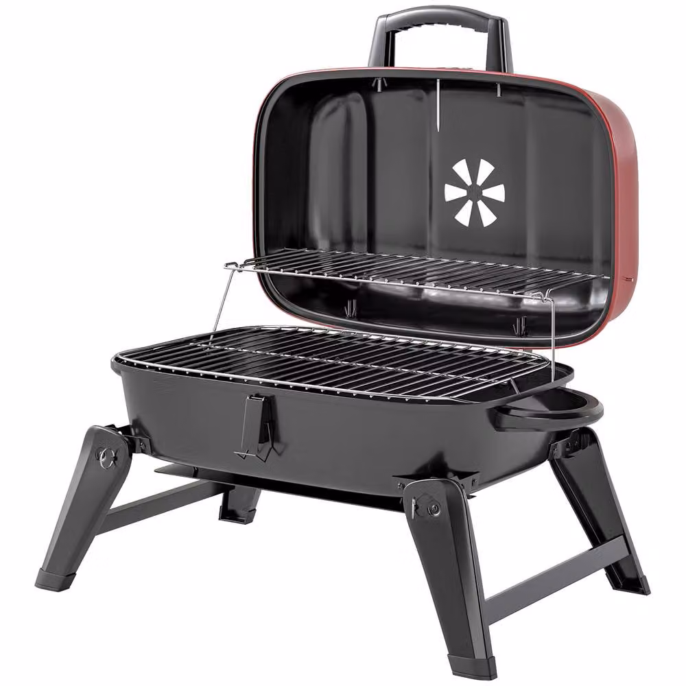 Rolipo Red Folding Charcoal Kettle BBQ Grill with Thermometer and Warming Rack – 2