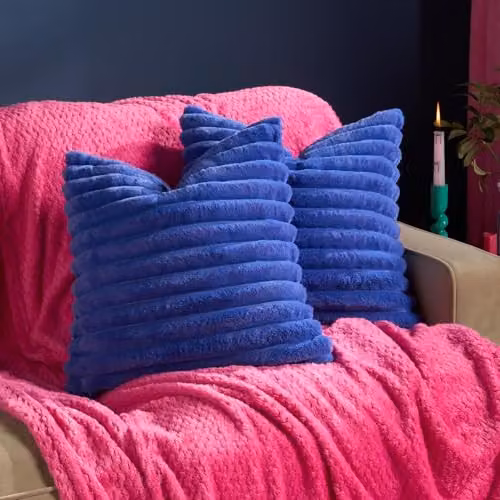 OHS Set of 2 Cobalt Blue Faux Fur Thick Ribbed Square Cushion Covers, 45 x 45 cm – 3
