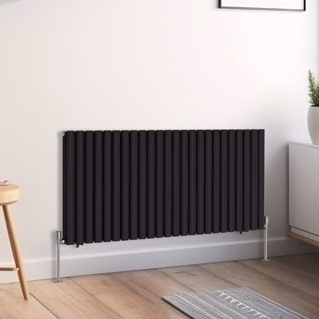 Right Radiators Oval Double Panel Horizontal Radiator in Black, Width: 141.6 cm, Height: 60 cm