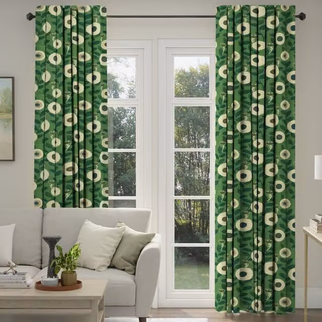 ANTE DECOR Seville Printed Emerald Green Floral Cotton Made To Measure Blackout Curtains