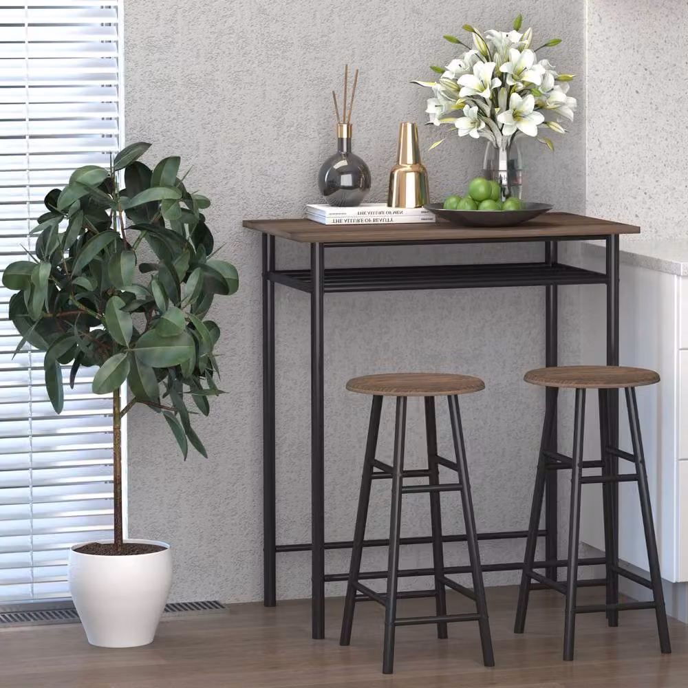 STILVORA Modern Bar Table and Chairs Set with Storage Shelf in Black – 3