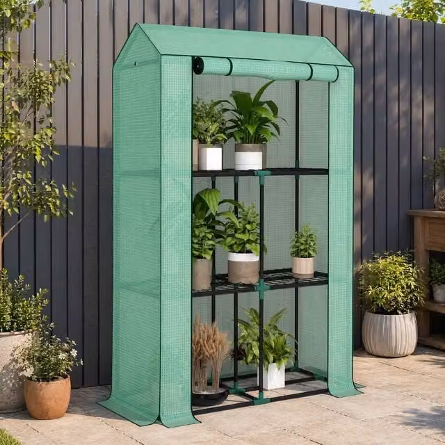 STILVORA Mini Freestanding Greenhouse with 3 Shelves and Steel Frame, Green, H 150 x W 73 x D 40 cm
