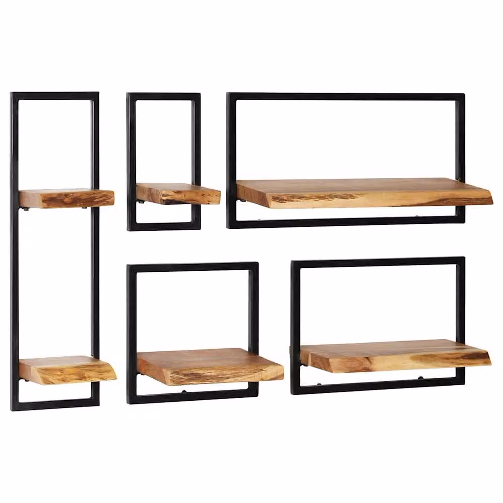 Berkfield Home 5 Piece Set of Industrial Wall Mounted Shelves in Brown Acacia Wood and Steel – 2
